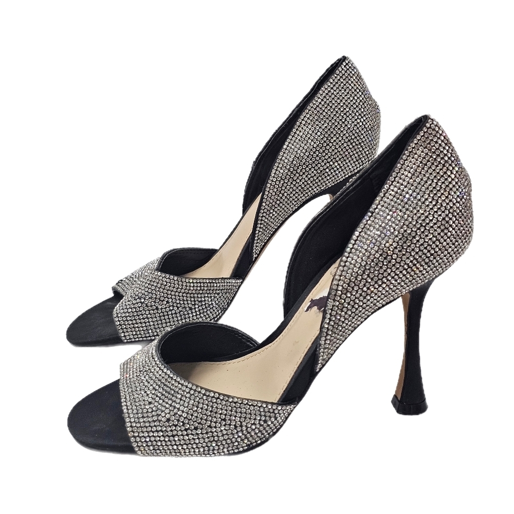 Vince Camuto Aliandry 2 Black Satin Rhinestone Peep Toe Pumps Womens Size 5.5